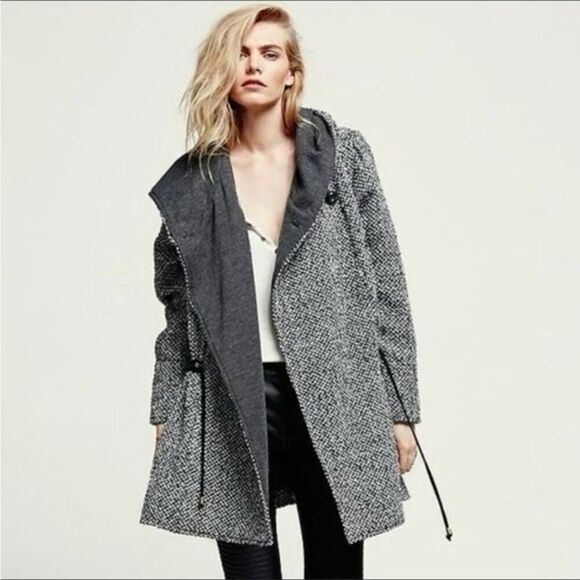 Free People Satellite Image Swing Coat Tweed Hooded Black White Women Medium - Picture 2 of 12